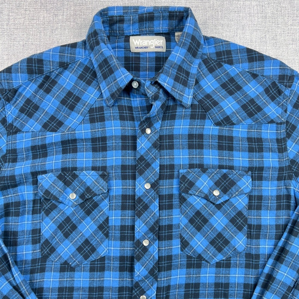 Wrangler‎ Wrancher Western Flannel Shirt Mens Large Blue Black Plaid Long Sleeve